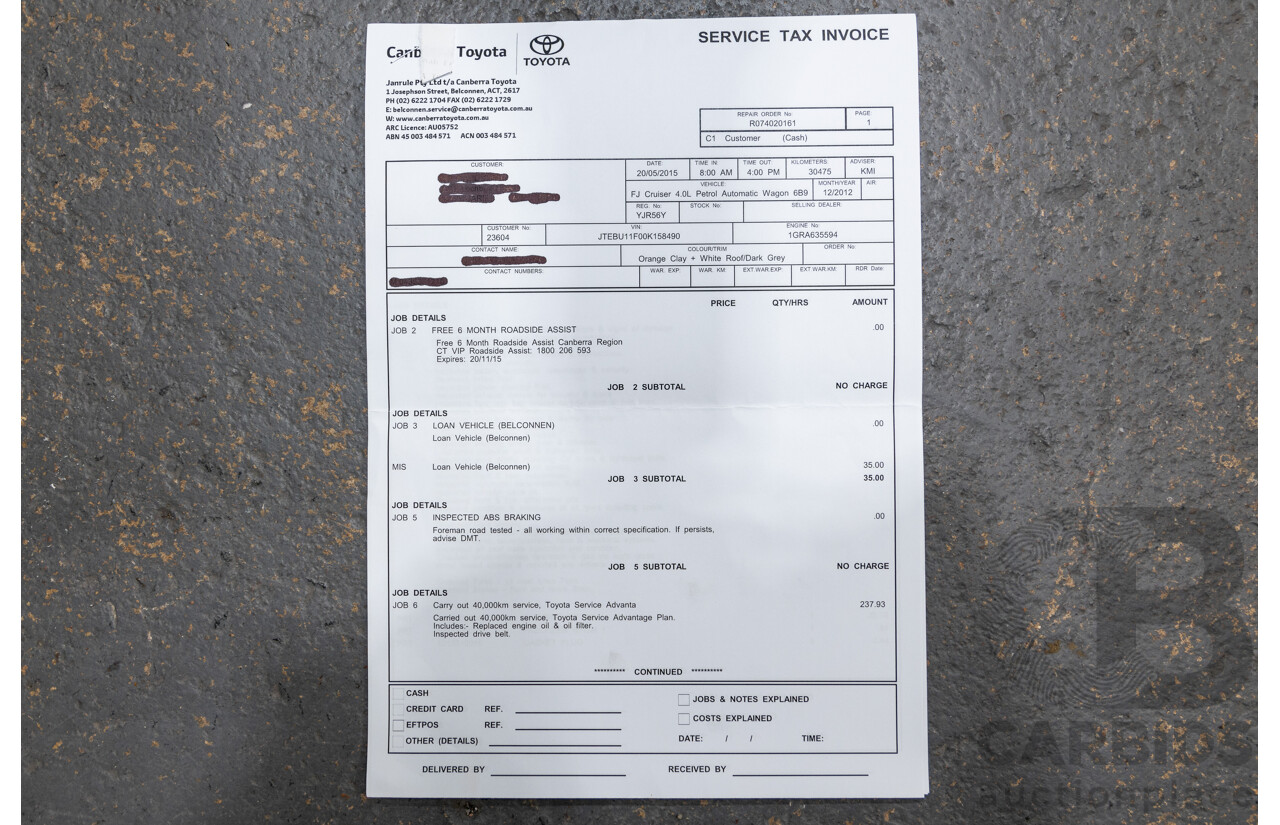 12/2012 Toyota Fj Cruiser (4x4) GSJ15R 4d Wagon Orange Clay V6 4.0L