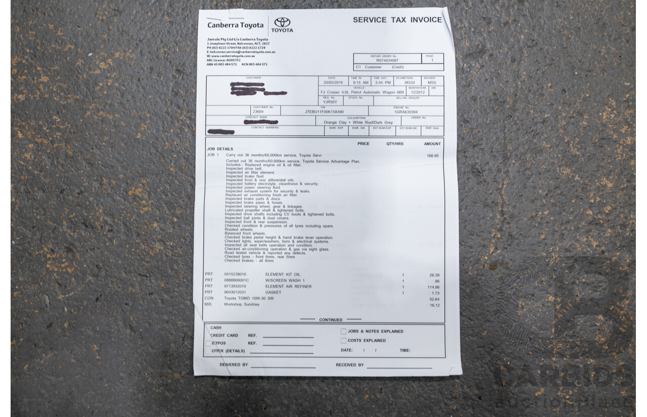 12/2012 Toyota Fj Cruiser (4x4) GSJ15R 4d Wagon Orange Clay V6 4.0L