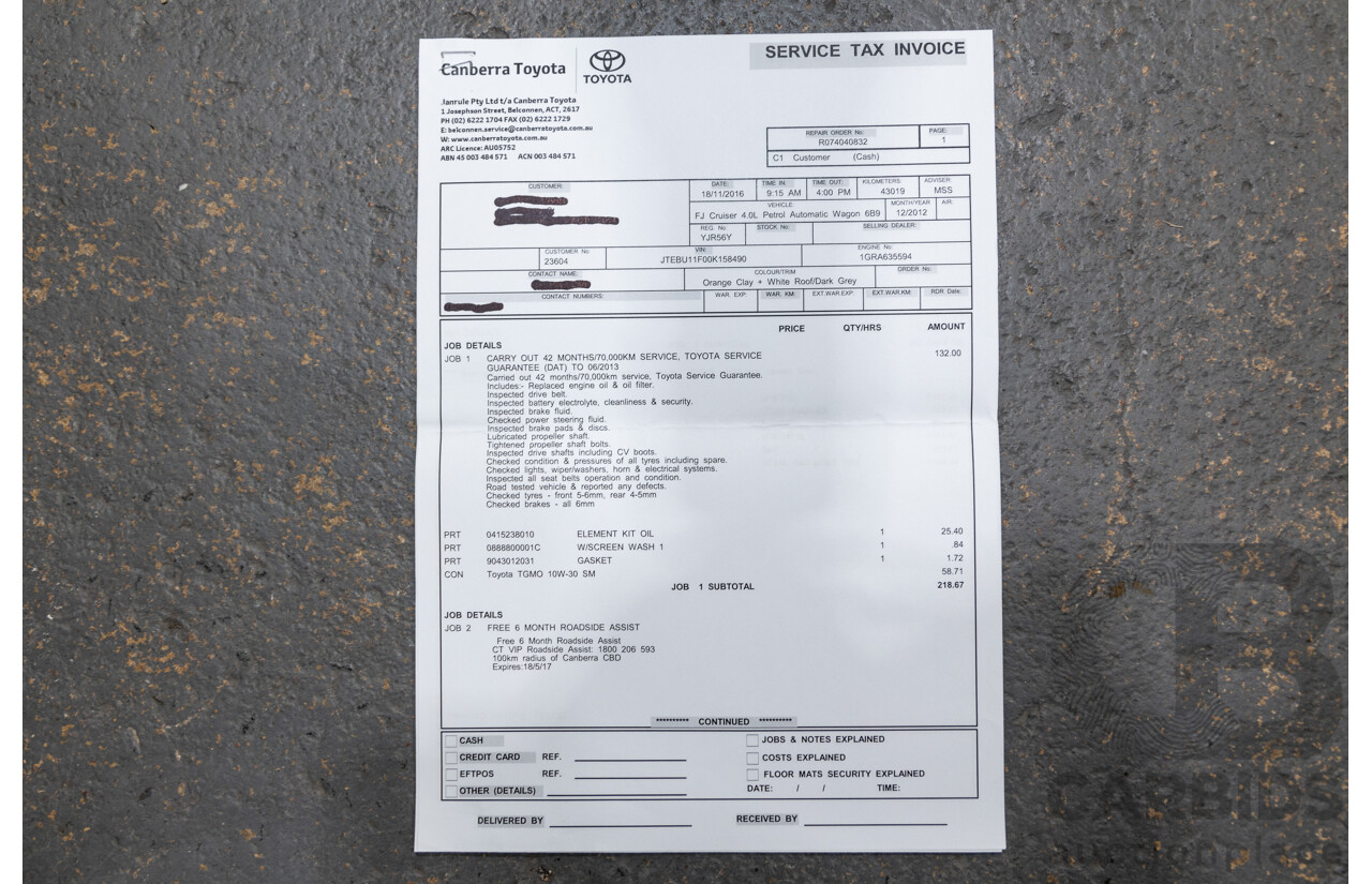 12/2012 Toyota Fj Cruiser (4x4) GSJ15R 4d Wagon Orange Clay V6 4.0L