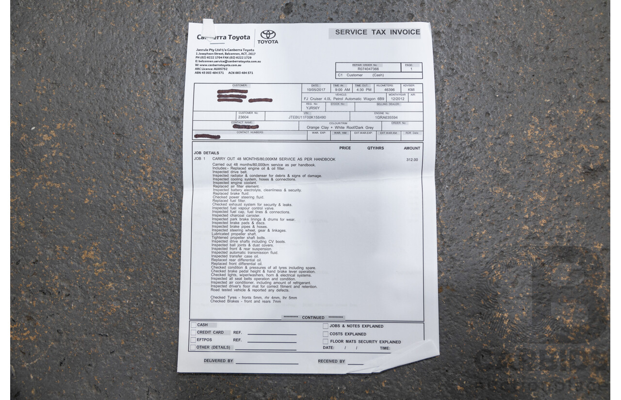 12/2012 Toyota Fj Cruiser (4x4) GSJ15R 4d Wagon Orange Clay V6 4.0L