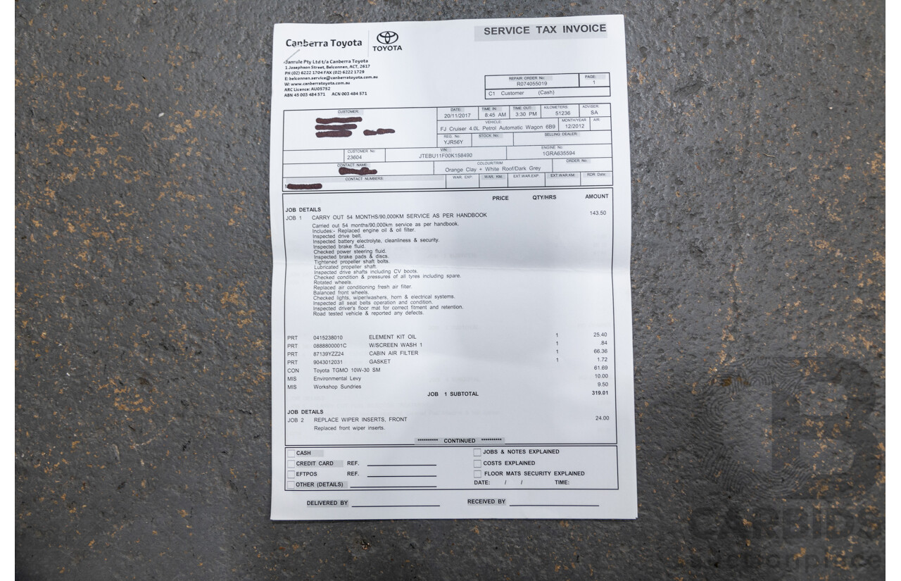 12/2012 Toyota Fj Cruiser (4x4) GSJ15R 4d Wagon Orange Clay V6 4.0L