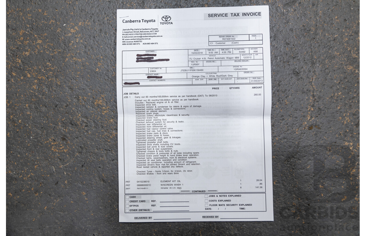 12/2012 Toyota Fj Cruiser (4x4) GSJ15R 4d Wagon Orange Clay V6 4.0L