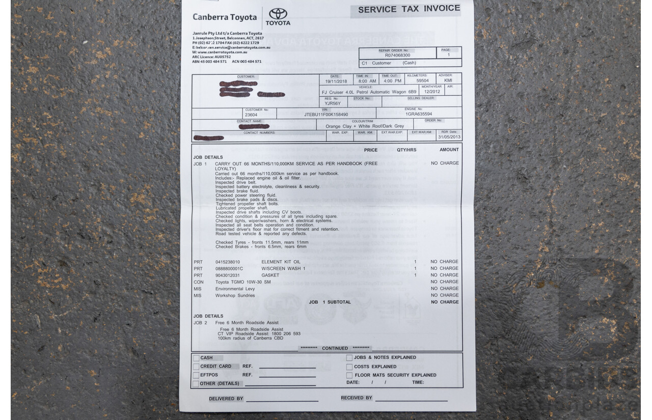 12/2012 Toyota Fj Cruiser (4x4) GSJ15R 4d Wagon Orange Clay V6 4.0L