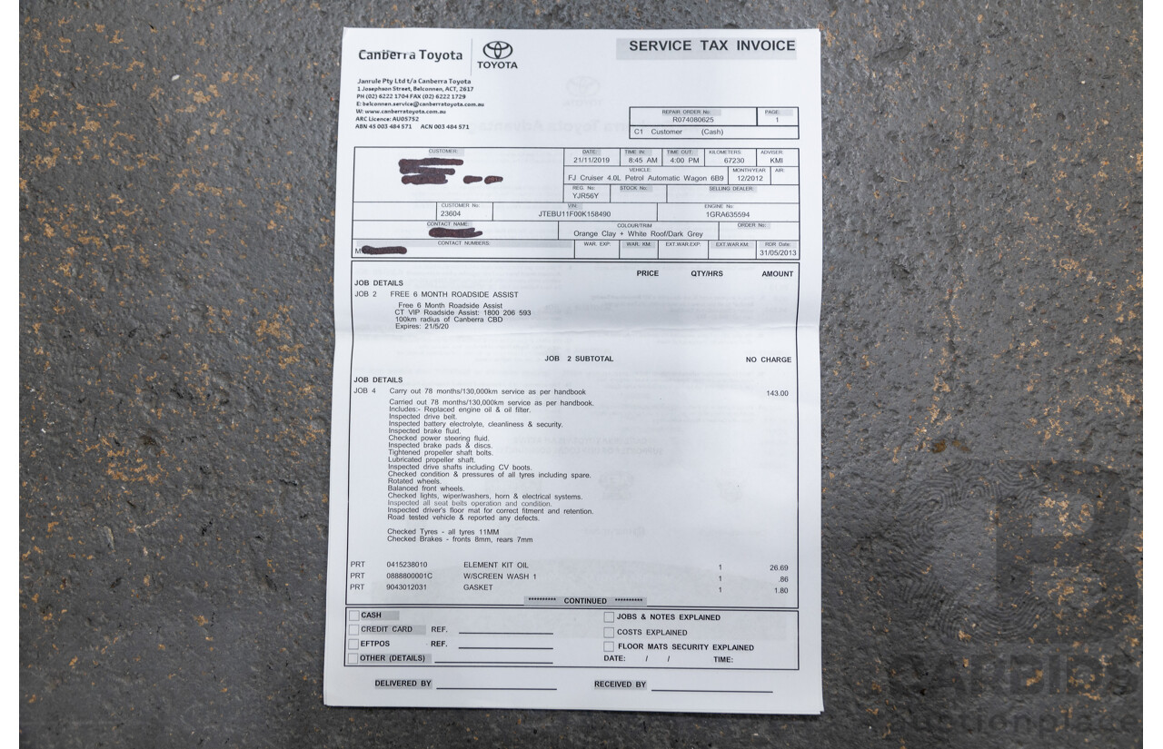 12/2012 Toyota Fj Cruiser (4x4) GSJ15R 4d Wagon Orange Clay V6 4.0L