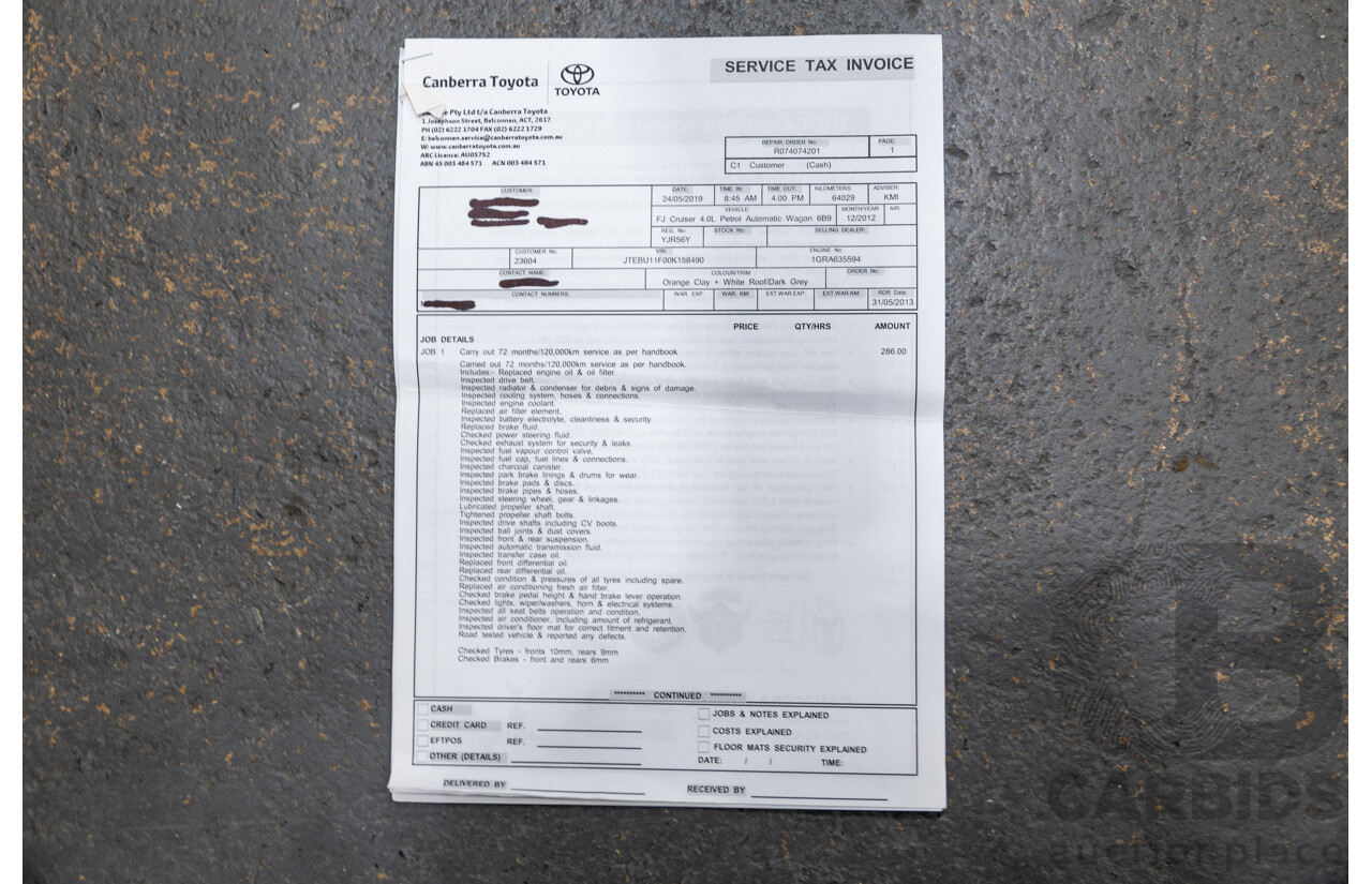 12/2012 Toyota Fj Cruiser (4x4) GSJ15R 4d Wagon Orange Clay V6 4.0L