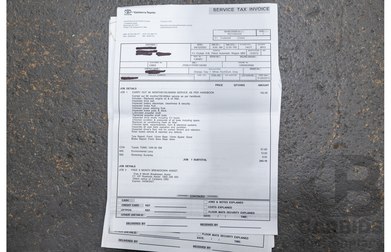 12/2012 Toyota Fj Cruiser (4x4) GSJ15R 4d Wagon Orange Clay V6 4.0L