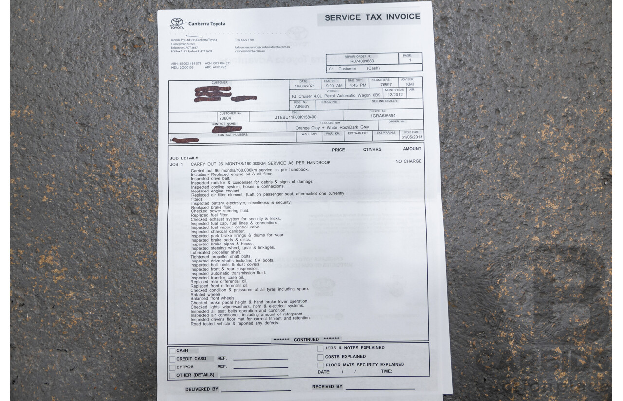 12/2012 Toyota Fj Cruiser (4x4) GSJ15R 4d Wagon Orange Clay V6 4.0L