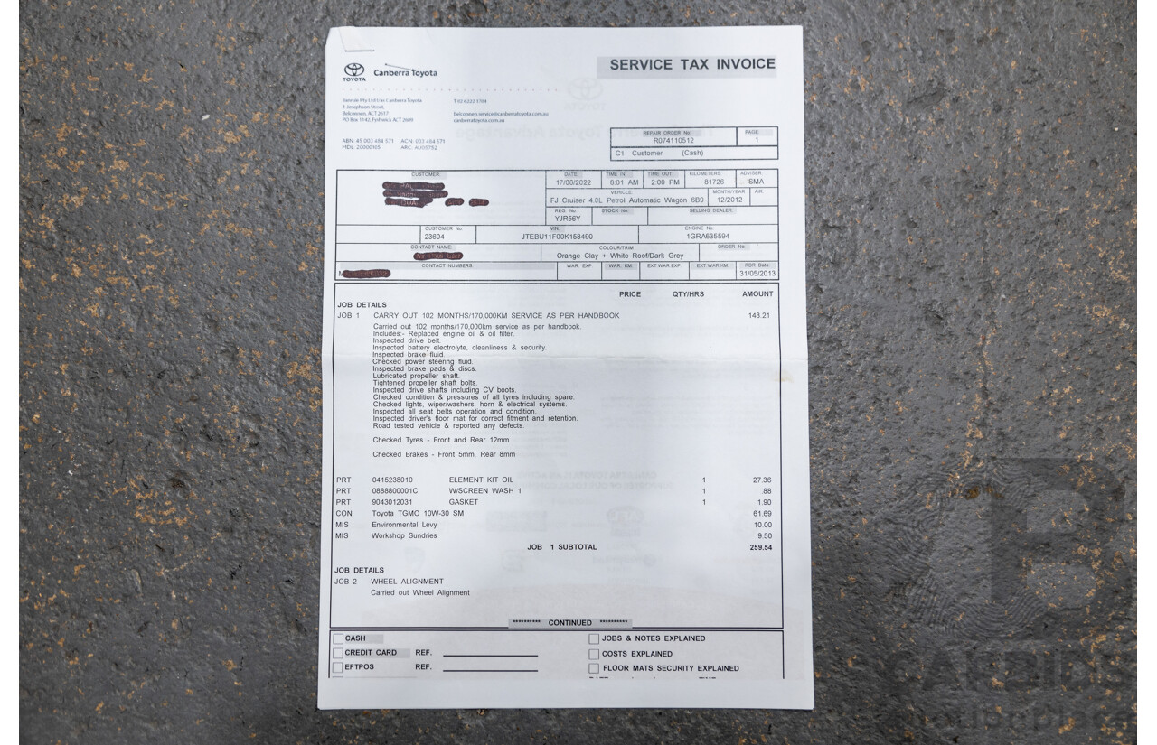 12/2012 Toyota Fj Cruiser (4x4) GSJ15R 4d Wagon Orange Clay V6 4.0L