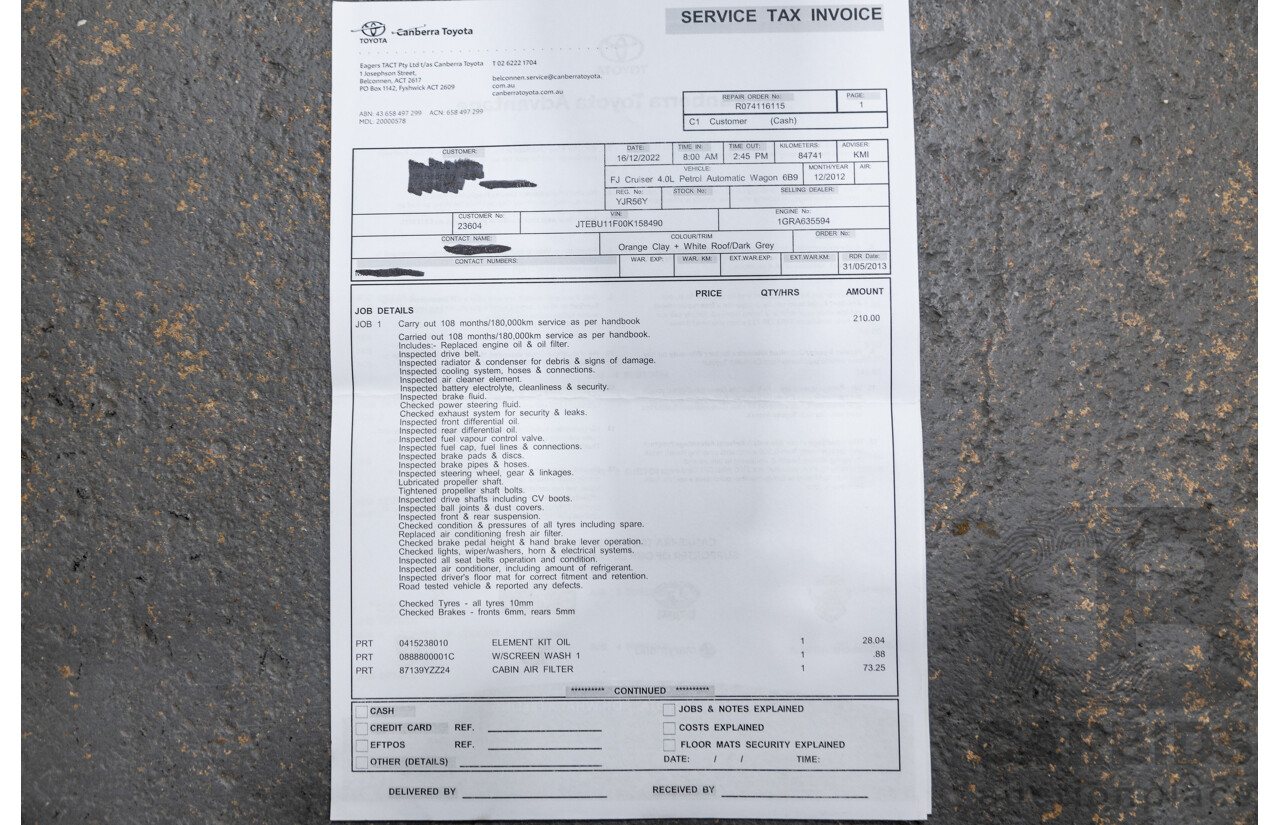 12/2012 Toyota Fj Cruiser (4x4) GSJ15R 4d Wagon Orange Clay V6 4.0L