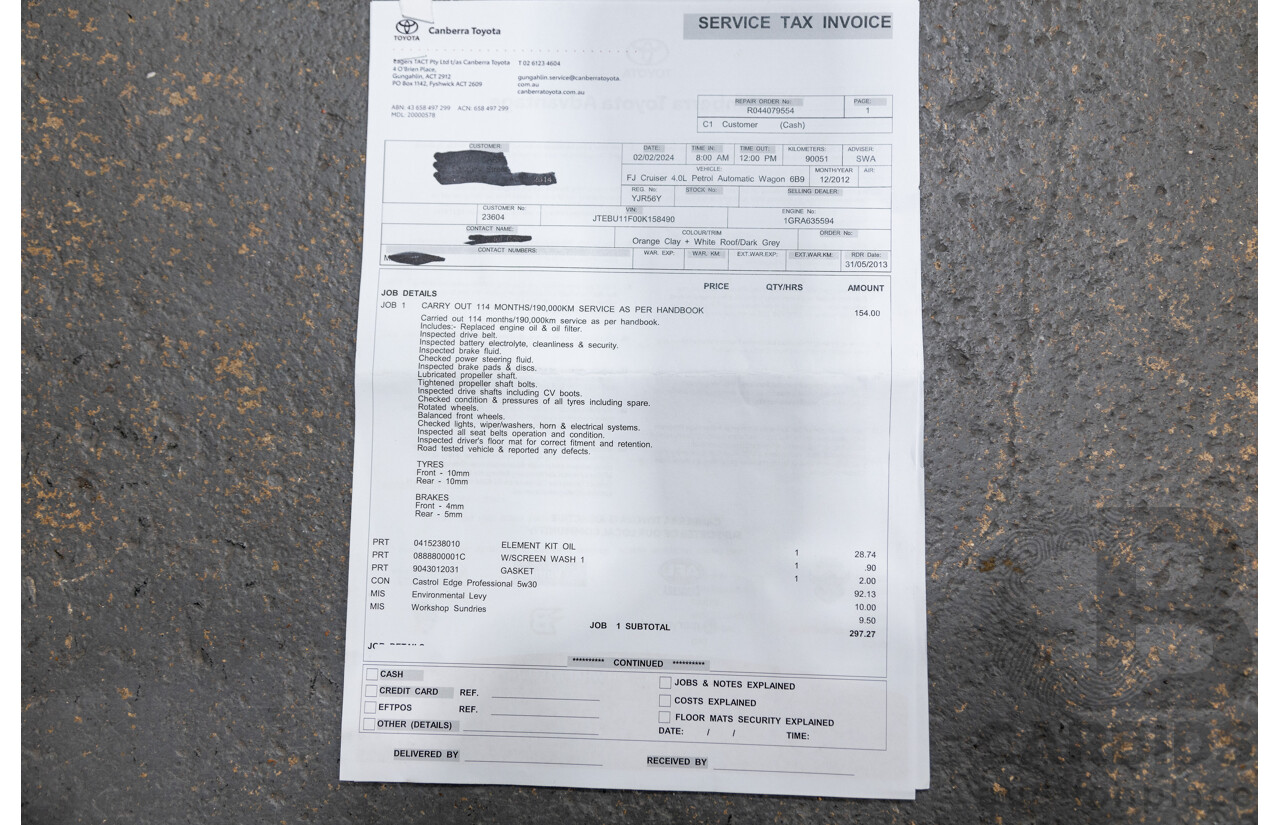 12/2012 Toyota Fj Cruiser (4x4) GSJ15R 4d Wagon Orange Clay V6 4.0L