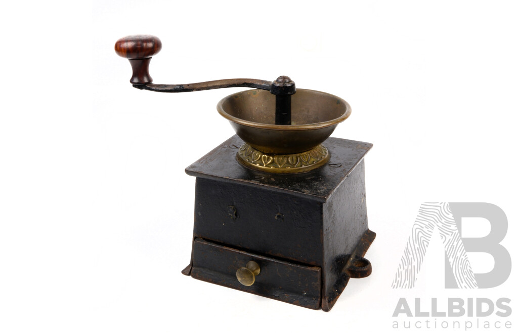Vintage Heavy Based Cast Iron & Brass Number 2 Coffee Grinder by a Kenrick & Sons