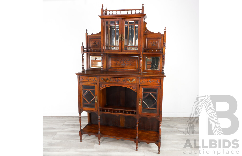 Antique Mirror Back Side Board with Beveled Glass, Turned Finials and Carvings