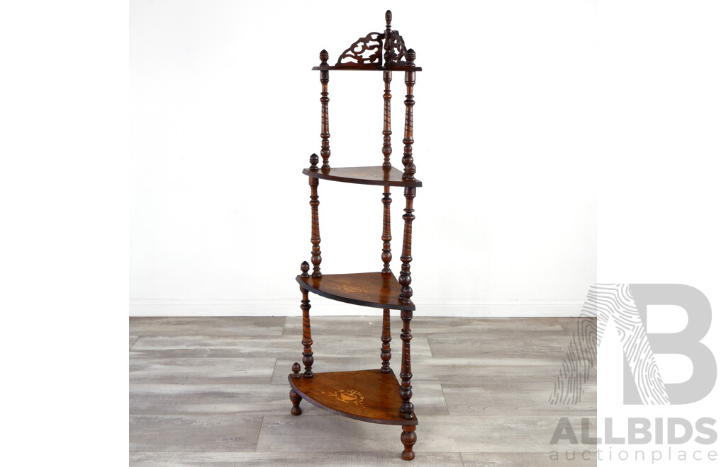 Antique What Not with Marquetry Inlays and Turned Finials