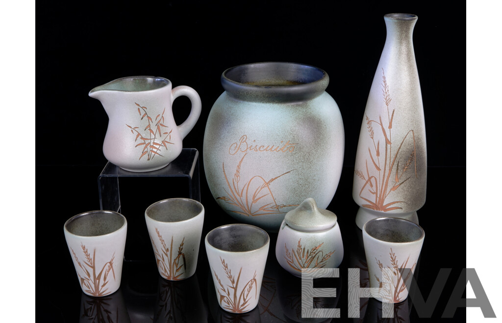 Vintage Australian Hand Made Ellis Studio Pottery Collection Comprising Vase, Biscuit Barrel, Four Beakers, Jug, Lidded Sugar Dish in Harvest Pattern