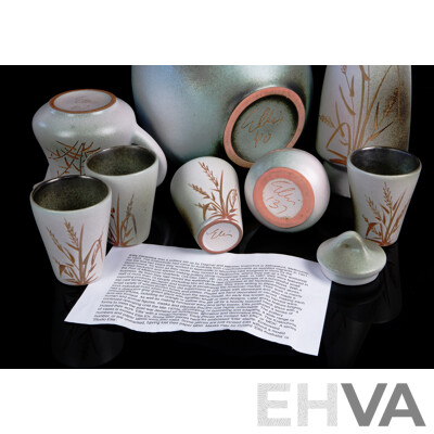 Vintage Australian Hand Made Ellis Studio Pottery Collection Comprising Vase, Biscuit Barrel, Four Beakers, Jug, Lidded Sugar Dish in Harvest Pattern