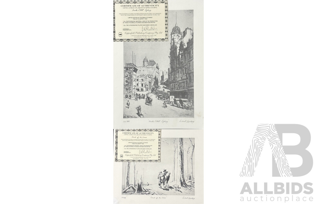 Lionel Lindsay (1874-1961), Hunter Street Sydney; Argyle Cut; St Andrews Tower, Sydney; Land of the Crow, Facsimile Etching (4)