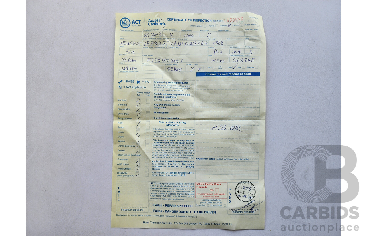 08/2013 Peugeot 508 ACTIVE 1.6T FWD MY13 4D Sedan White 1.6L