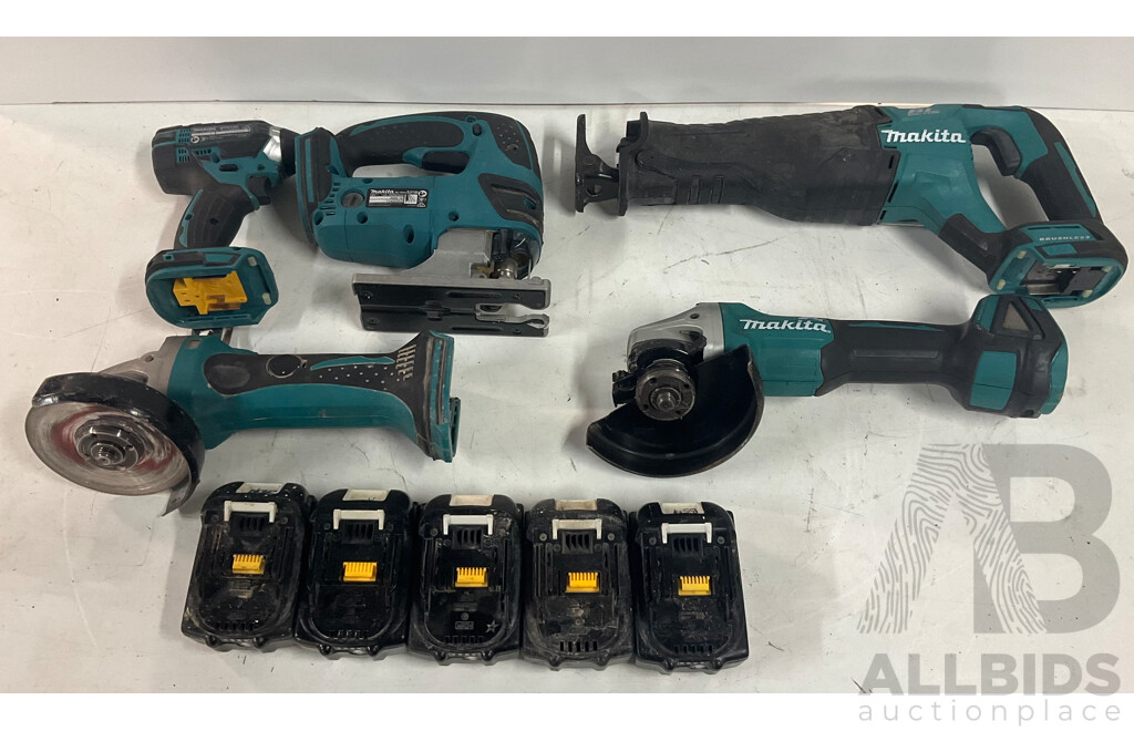 MAKITA Chuck Drill, 2x Angle Grinder, Recriprocating Saw, Jigsaw & 5x Batteries