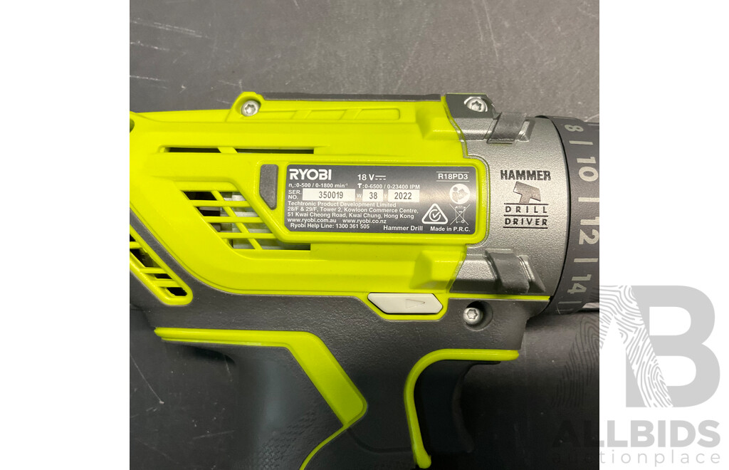 RYOBI RTR400 Trim Router & R18PD3 Hammer Drill with 2 X Batteries & 1x Charger