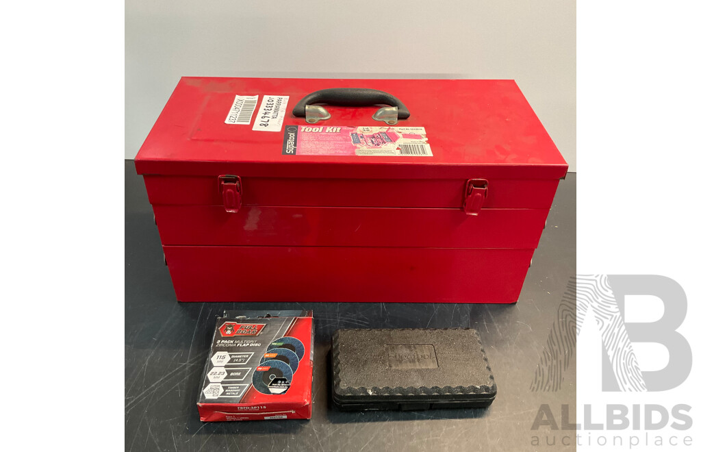 Assorted SUPATOOL Tools & Socket Set in Tool Box & FULL BOAR 3 Pack Flap Disc