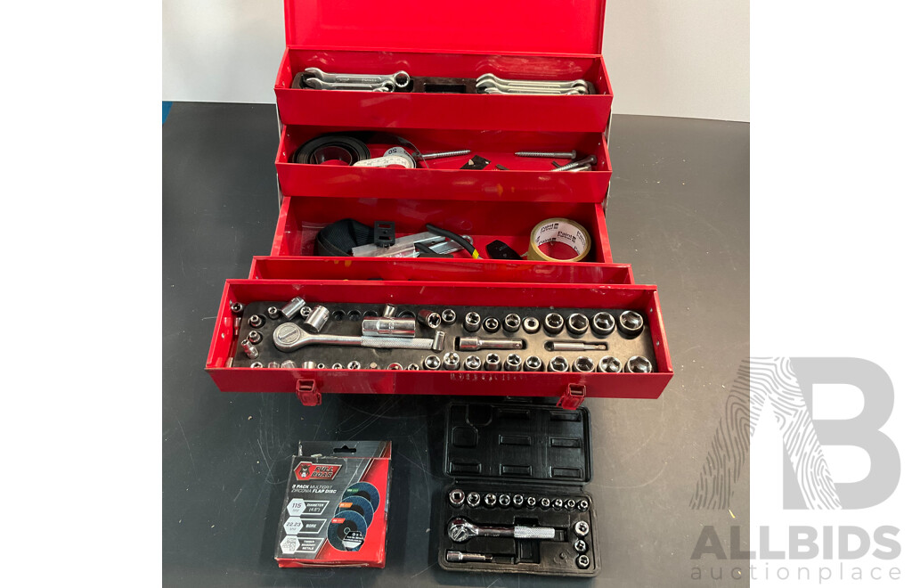 Assorted SUPATOOL Tools & Socket Set in Tool Box & FULL BOAR 3 Pack Flap Disc