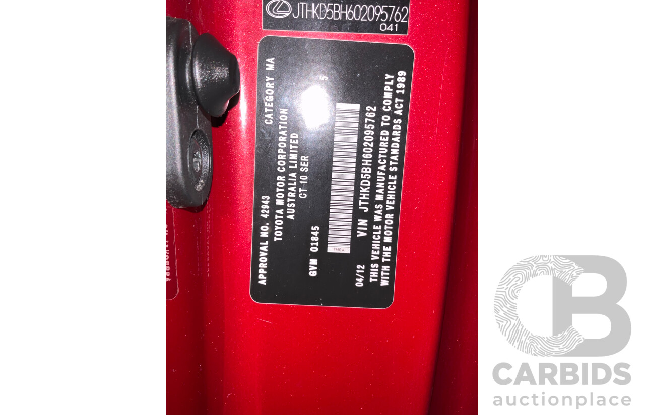 4/2012 Lexus CT200h Hybrid F-Sport ZWA10R 5d Hatchback Red 1.8L