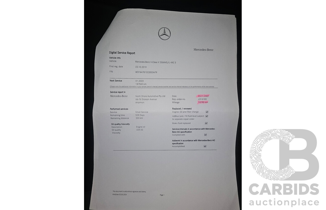 9/2018 Mercedes Benz V250d Avantgarde 447 4d Wagon Obsidian Black Metallic Turbo Diesel2.1L