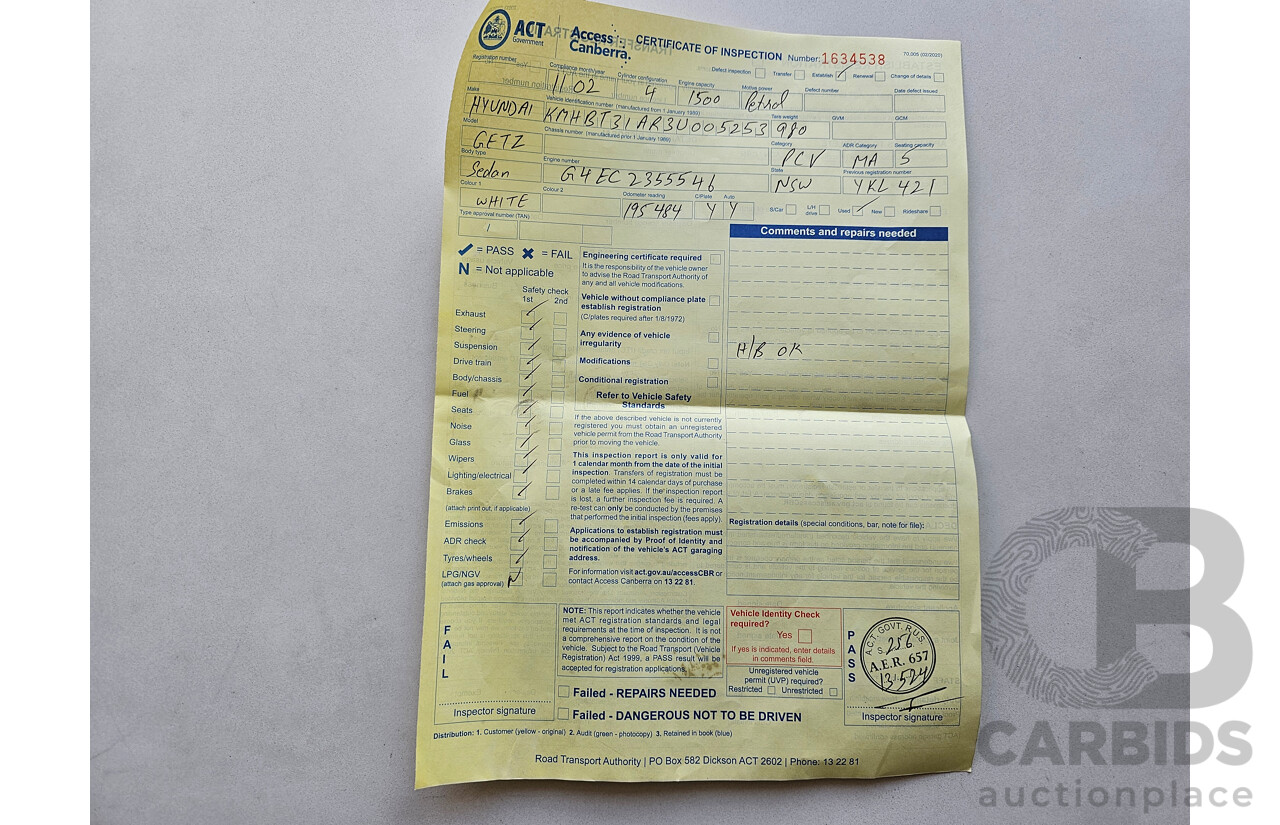 11/2002 Hyundai Getz GL TB 3d Hatchback White 1.5L