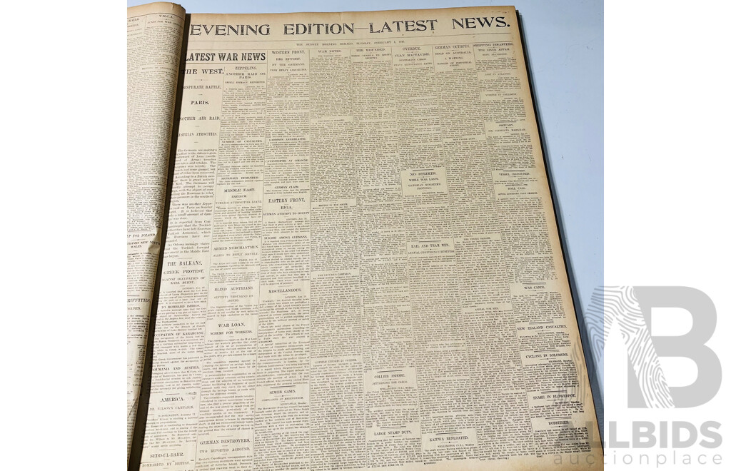 Antique Sydney Morning Herald Newspapers in Binding, Feb 1915, Feb 1916, Dec 1918, April 1919