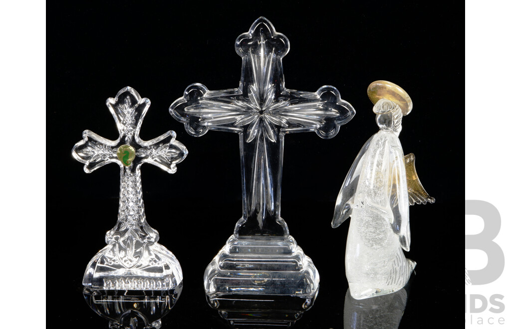 Waterford Crystal Crucifix, Art Glass Angel Figure with Aventurine Inclusions and Another Crystal Crucifix