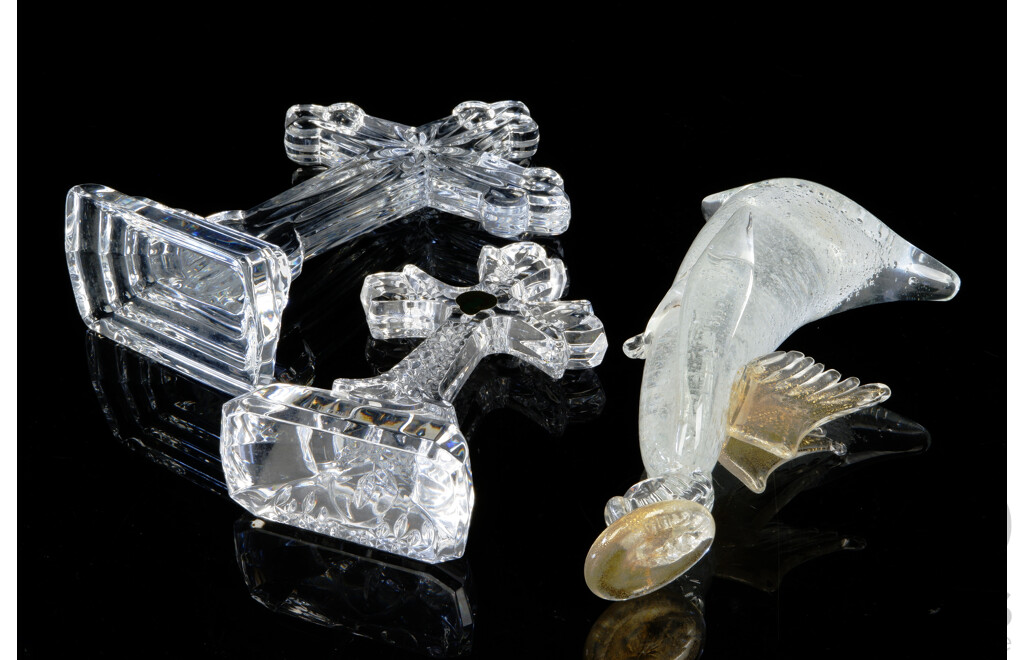 Waterford Crystal Crucifix, Art Glass Angel Figure with Aventurine Inclusions and Another Crystal Crucifix