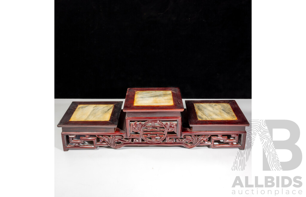 Chinese Carved Three Level Wooden Stand with Marble Inserts and Good Luck Symbol to Front
