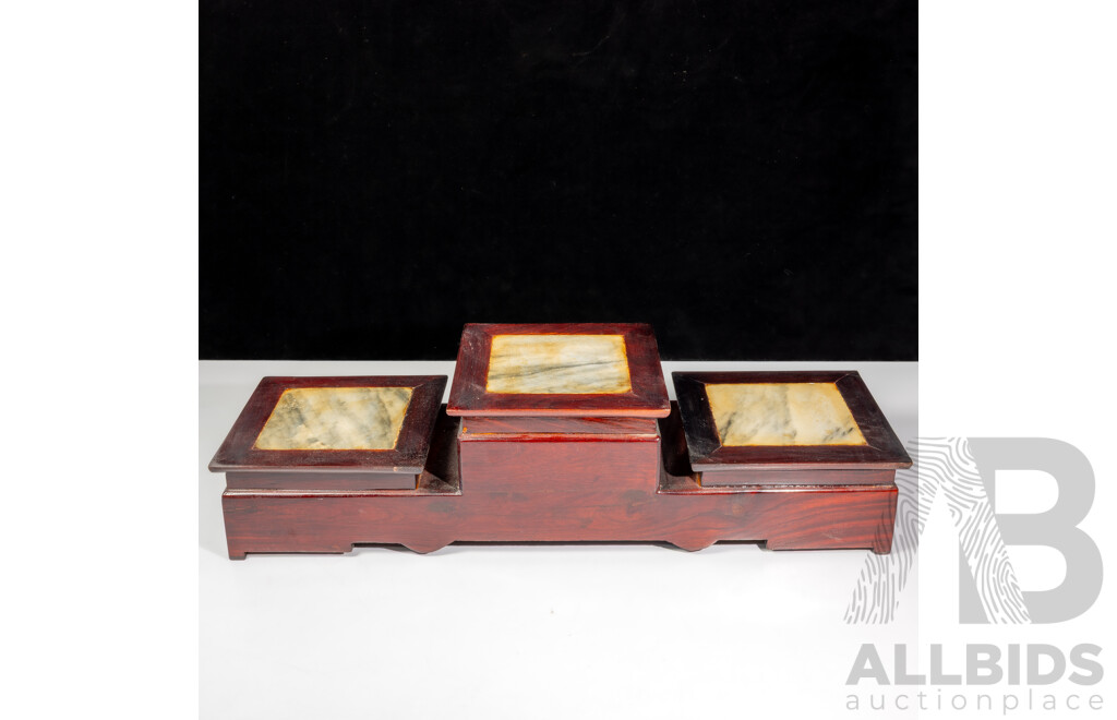 Chinese Carved Three Level Wooden Stand with Marble Inserts and Good Luck Symbol to Front