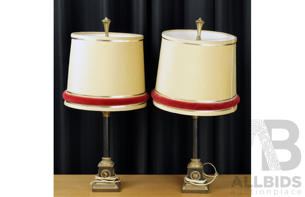 Pair Contemporary Portuguese Table Lamps and Shades with Black Metal Corinthian Columnar Form Bases and Brass Detail