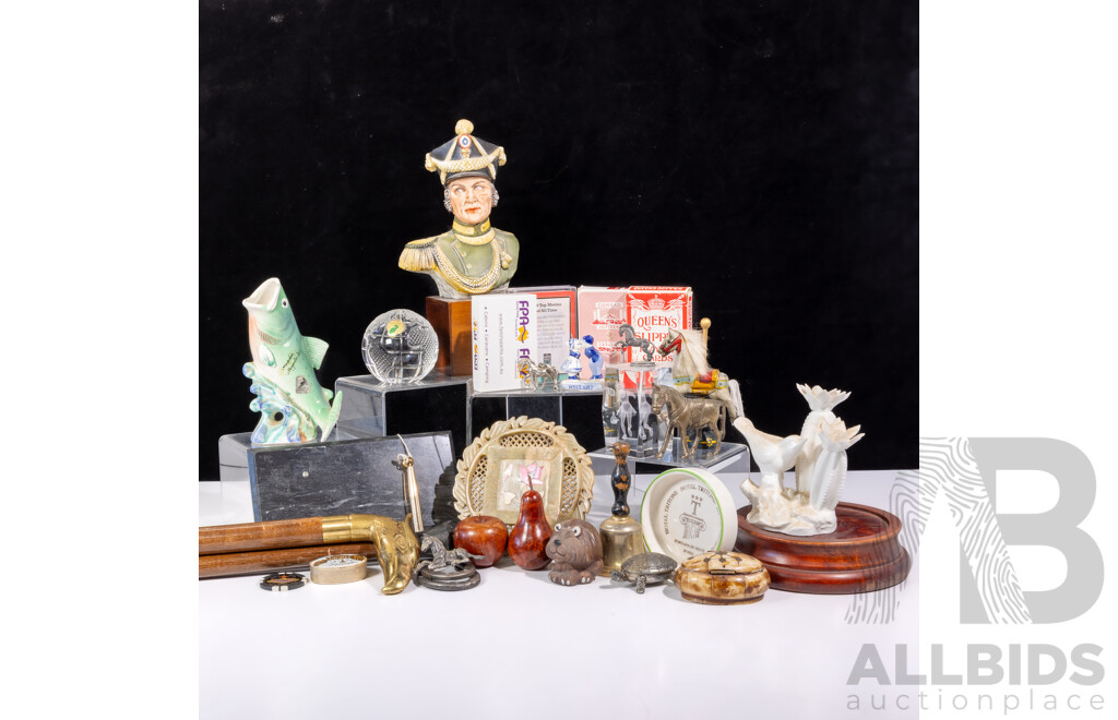 Gentlemans or Woman's Lot Including Sea Shells, Turned Wooden Apple and Pear, Waterford Crystal World Globe Paper Weight and More