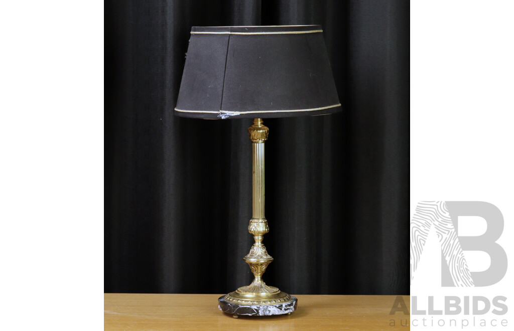 Contemporary Brass and Marble Two Globe Table Lamp and Shade