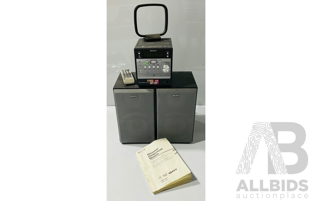 Sony Personal Component System Including Two Speakers, Radio, CD and Cassette System CMT-A70, Remote Control and Operating Instruction Booklet
