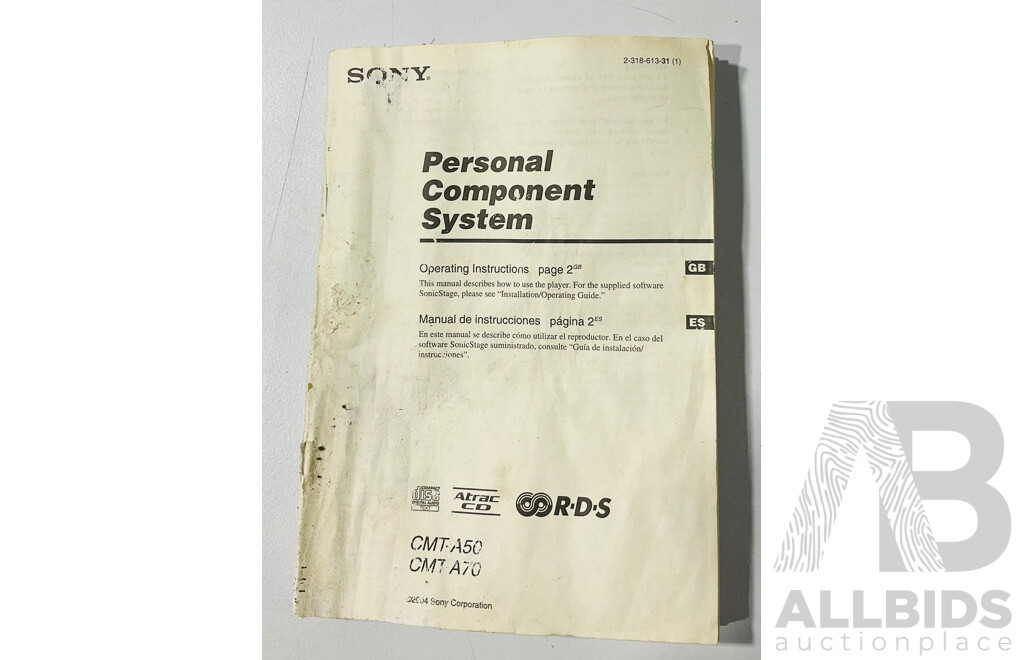 Sony Personal Component System Including Two Speakers, Radio, CD and Cassette System CMT-A70, Remote Control and Operating Instruction Booklet