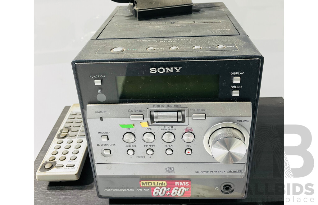 Sony Personal Component System Including Two Speakers, Radio, CD and Cassette System CMT-A70, Remote Control and Operating Instruction Booklet