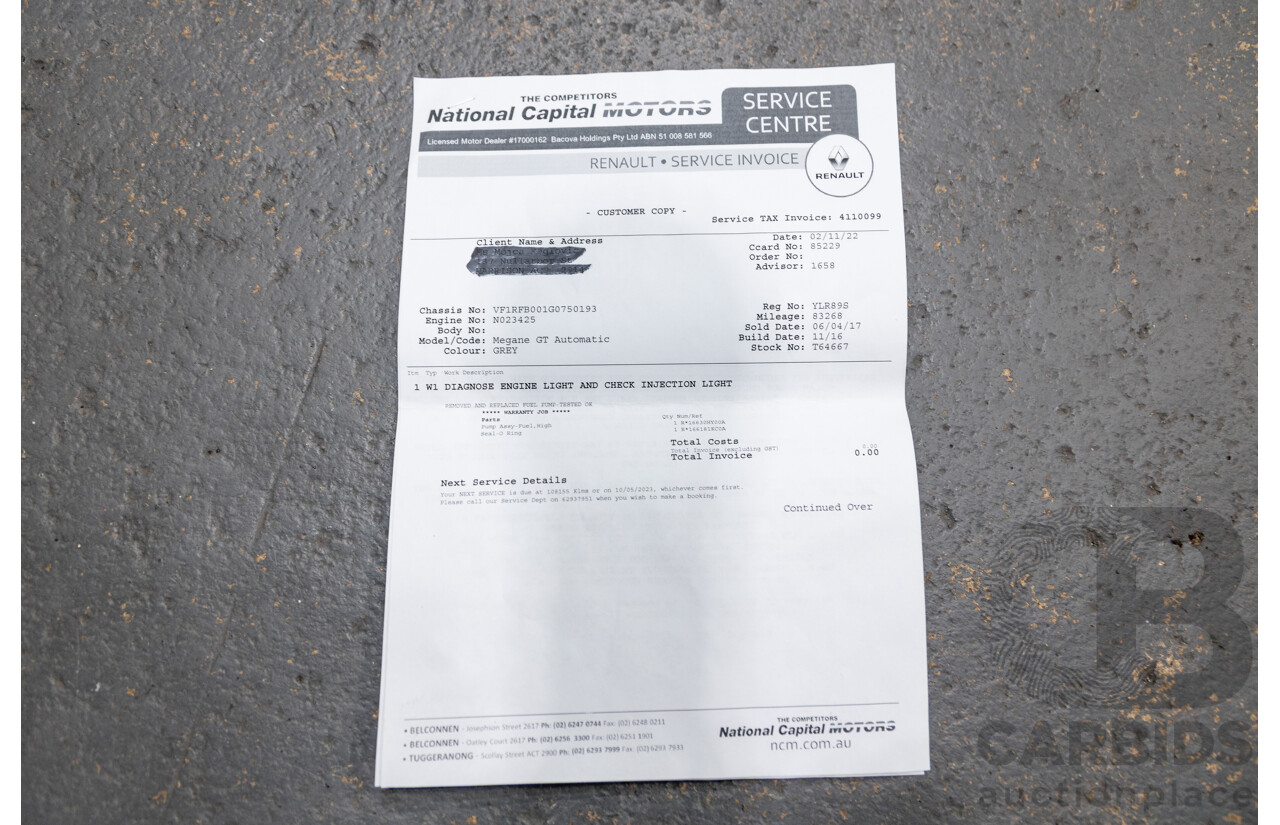 03/2017 Renault Megane GT 205 BFB MY17 4d Hatchback Titanium Metallic Grey Turbo 1.6L