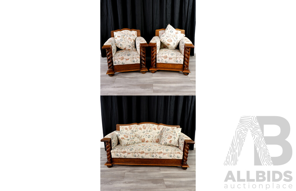 Oak Three Piece Jacobean Style Lounge Suite