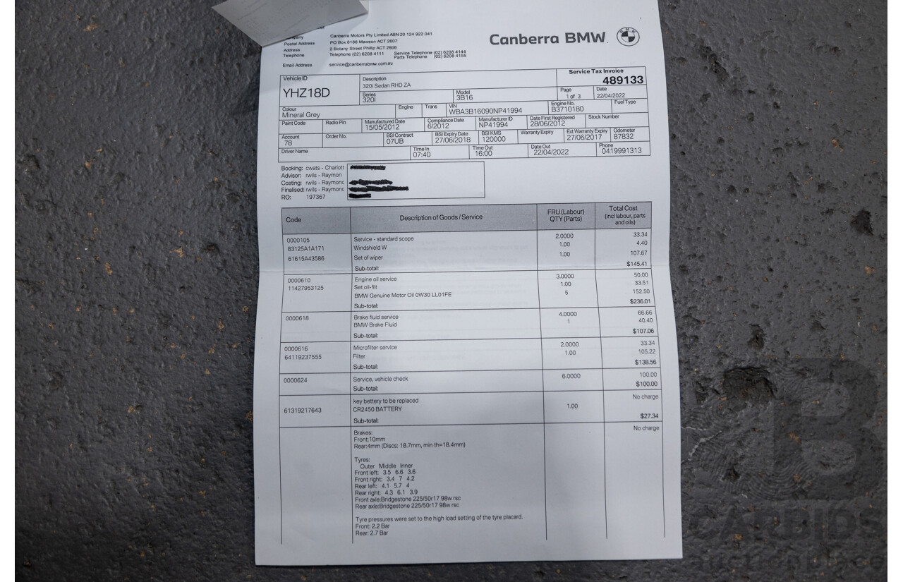 6/2012 BMW 320i F30 4d Sedan Mineral Grey Metallic Turbo 2.0L