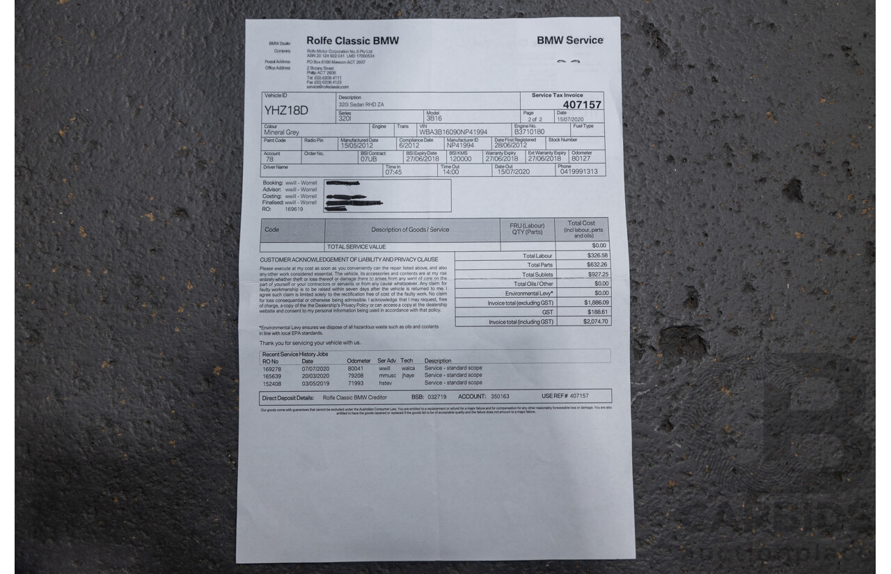 6/2012 BMW 320i F30 4d Sedan Mineral Grey Metallic Turbo 2.0L