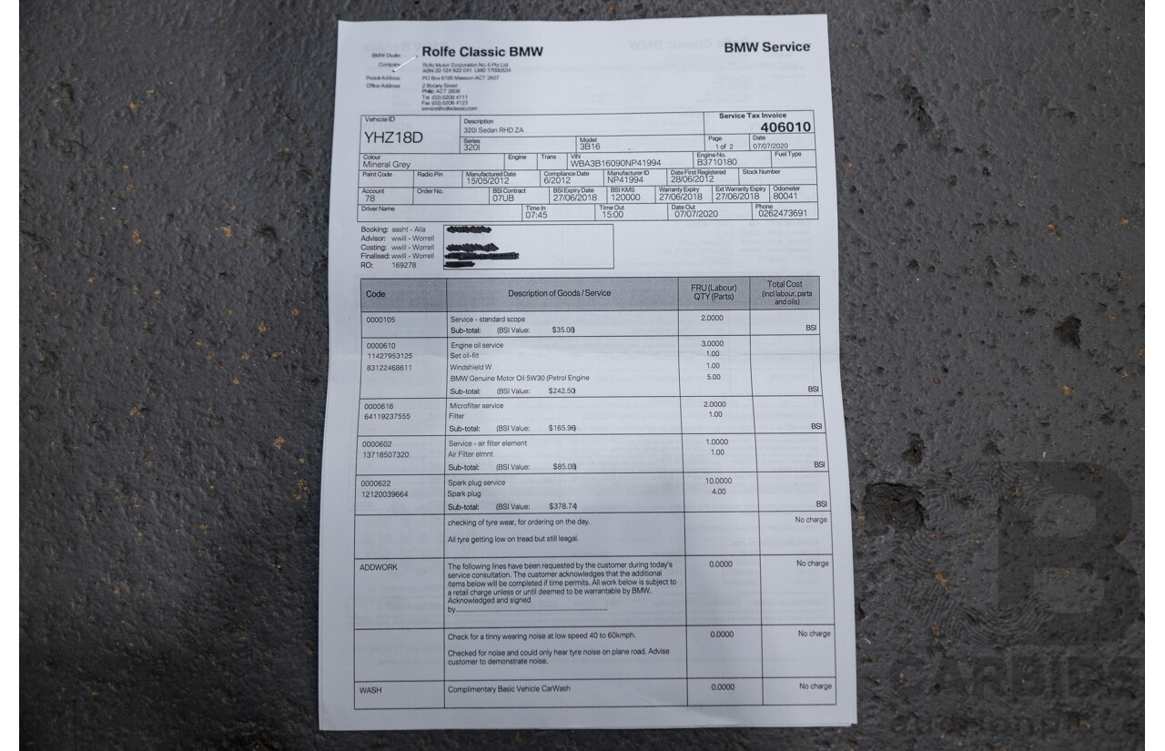 6/2012 BMW 320i F30 4d Sedan Mineral Grey Metallic Turbo 2.0L