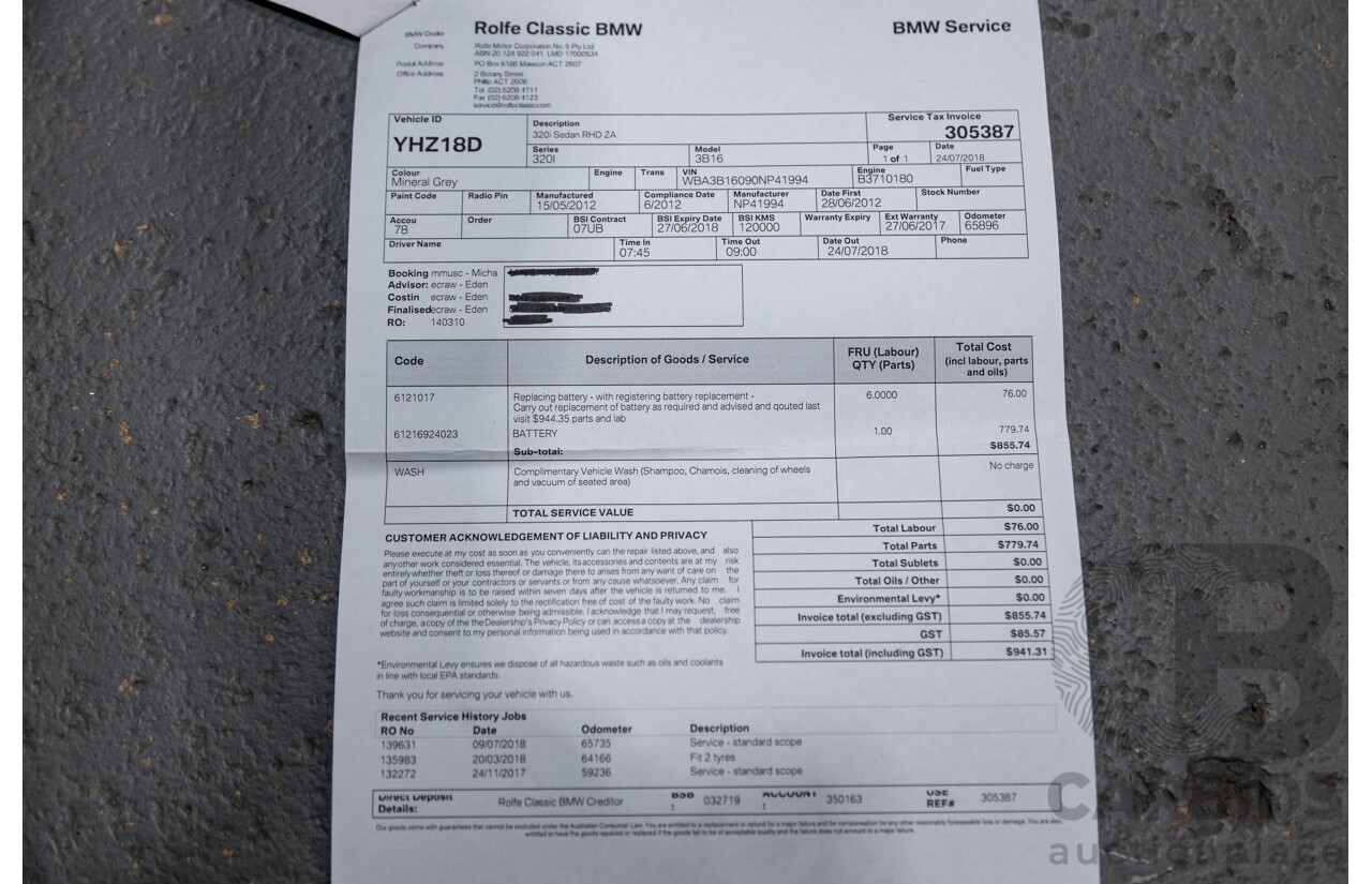 6/2012 BMW 320i F30 4d Sedan Mineral Grey Metallic Turbo 2.0L