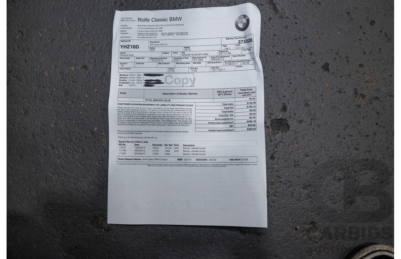 6/2012 BMW 320i F30 4d Sedan Mineral Grey Metallic Turbo 2.0L