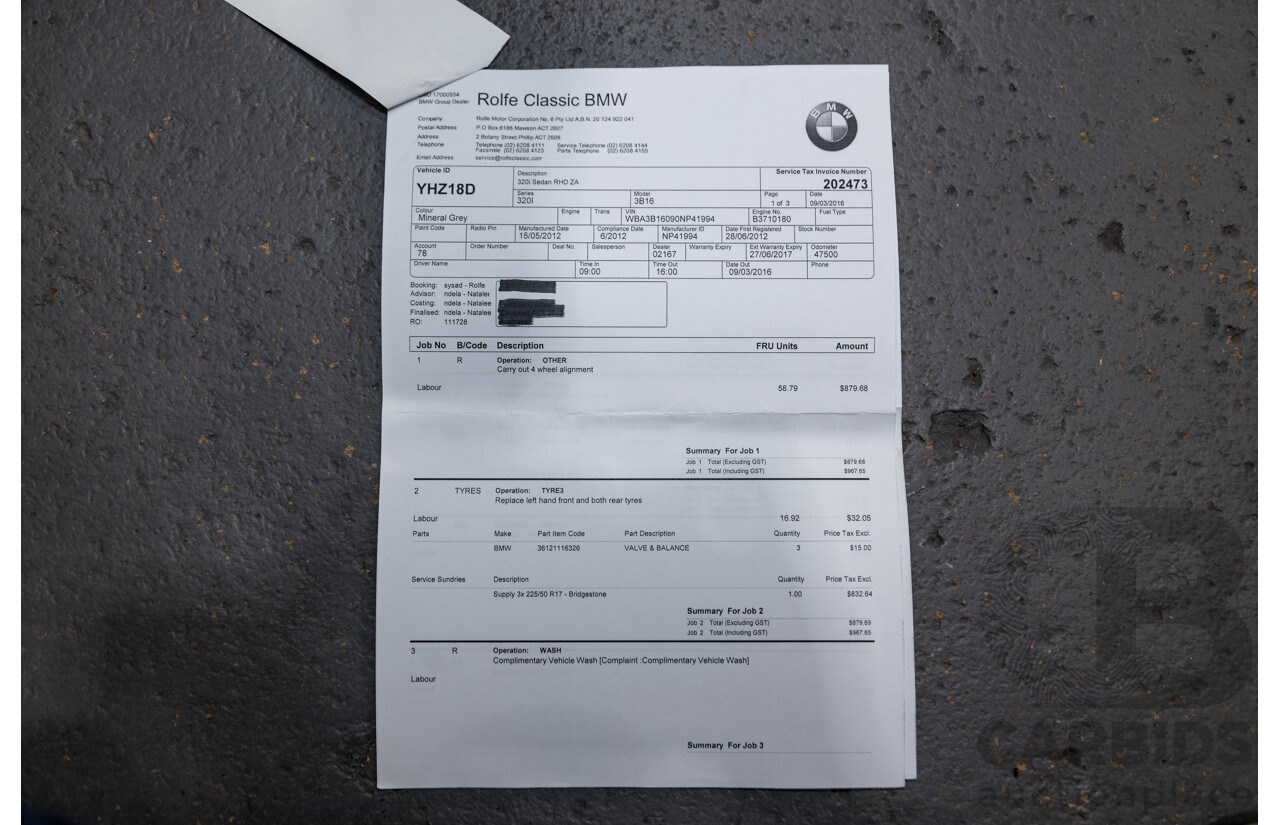 6/2012 BMW 320i F30 4d Sedan Mineral Grey Metallic Turbo 2.0L