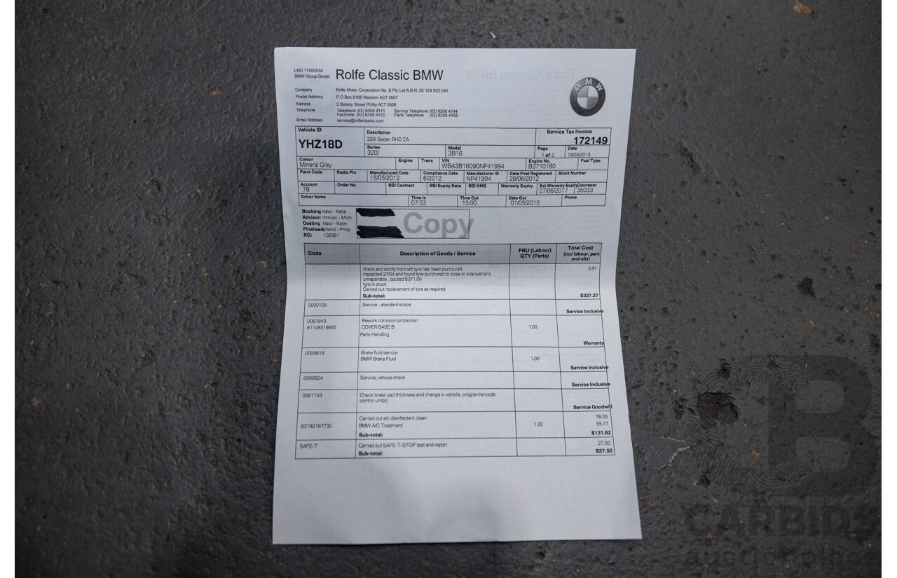 6/2012 BMW 320i F30 4d Sedan Mineral Grey Metallic Turbo 2.0L