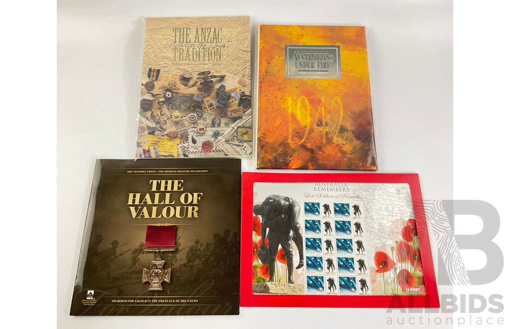 Australian Military Themed Stamp Packs Including, Australia Remembers, Hall of Valour, Between the Lines ANZAC Tradition, Australians Under Fire