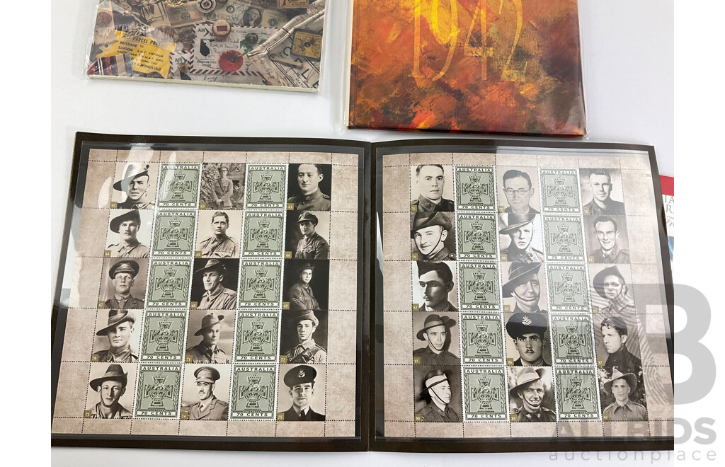 Australian Military Themed Stamp Packs Including, Australia Remembers, Hall of Valour, Between the Lines ANZAC Tradition, Australians Under Fire